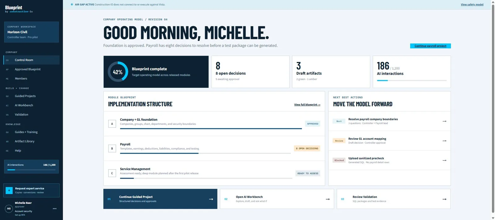 Blueprint Control Room for a fictional demo company, showing the approved blueprint, change history, and evidence in one record
