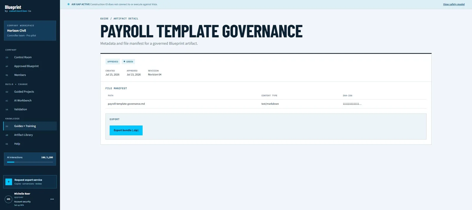 Blueprint Library artifact detail on fictional demo data, showing the approval gate an export must pass before release