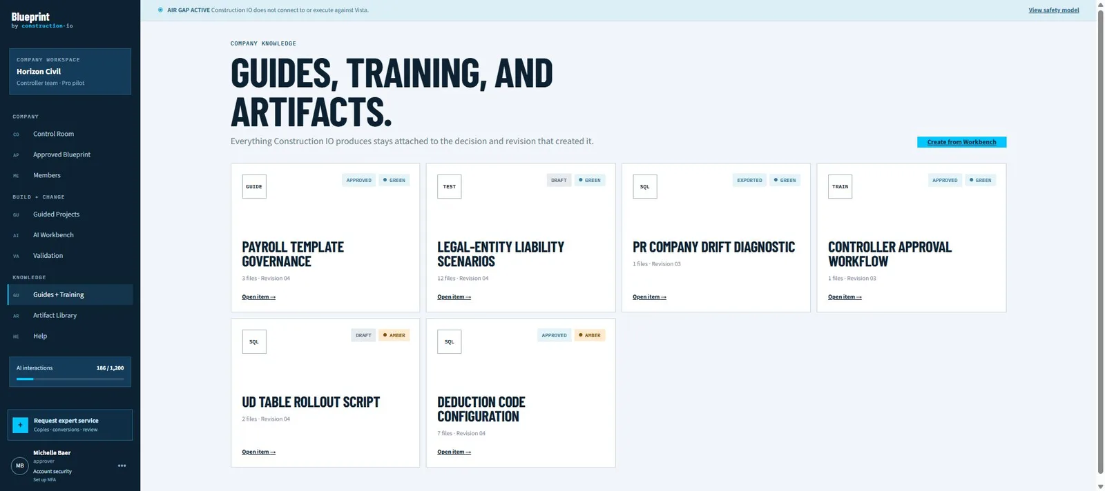 Blueprint Library in the live product on fictional demo data — the governed record of artifacts, approvals, and the export gate