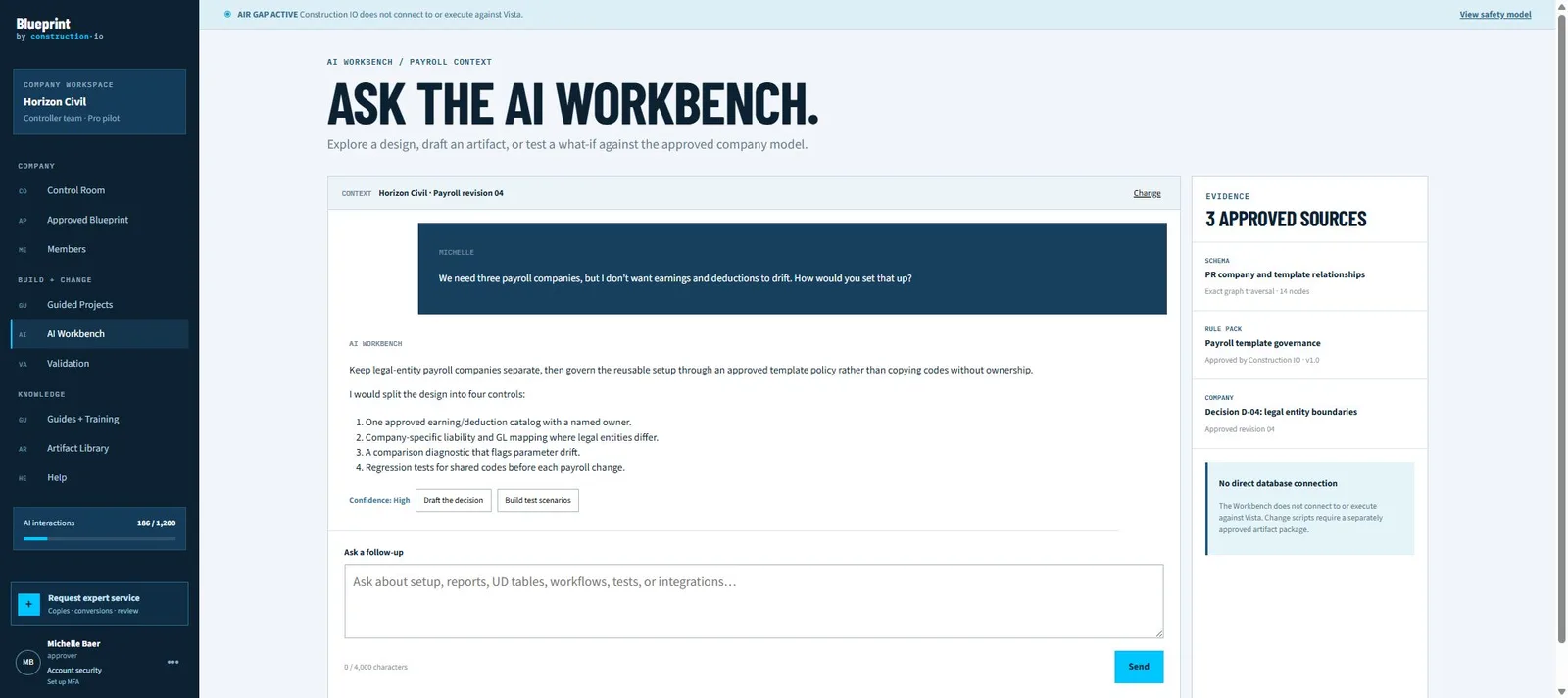 Blueprint Workbench answer on fictional demo data, with citations pointing back to the governed Vista reference model